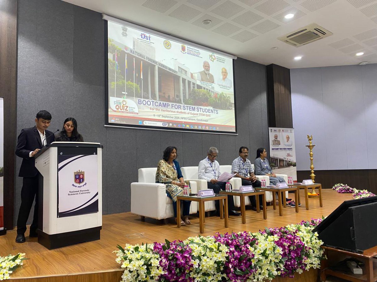 krcscbhavnagar's tweet image. The bright minds of #GujaratSTEMQuiz are at a 3-day #Bootcamp (8–10 Sept) @NFSU_Official Gandhinagar, exploring emerging tech &amp;amp; advanced skills. Grateful to Padma Shri Dr. J. M. Vyas, VC #NFSU, for guiding young talent to turn #curiosity into #careers &amp;amp; shape a #ViksitBharat.