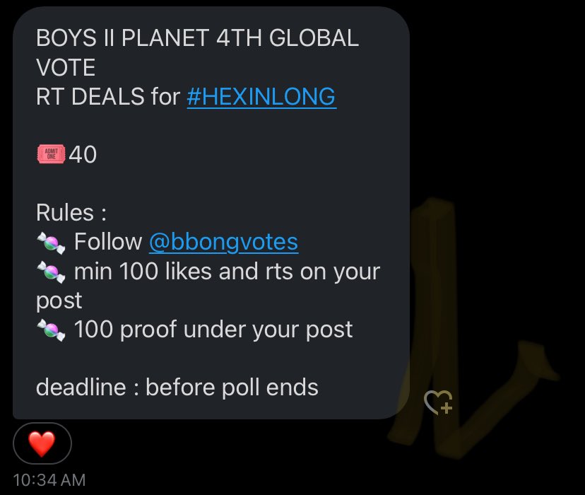 BOYS II PLANET 4TH GLOBAL VOTE
RT DEALS for #HEXINLONG 

🎟40

Rules : 
🍬 Follow <a href="/bbongvotes/">뽕</a>
🍬 min 100 likes and rts on (my)  post 
🍬 100 proof under (my) post

deadline : before poll ends