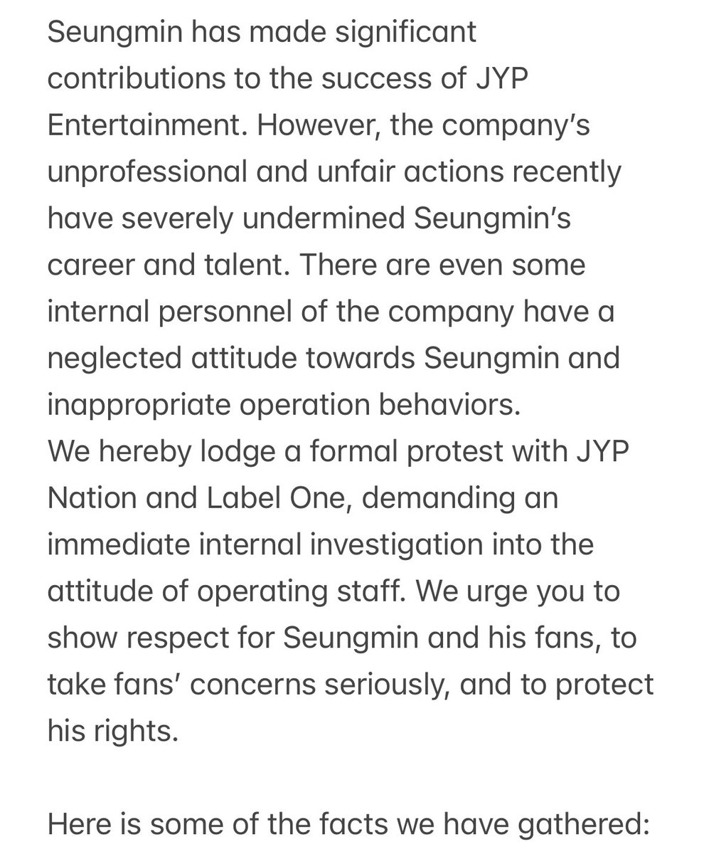 SKIES_CN's tweet photo. Seungmin has made significant contributions to the success of JYP Entertainment. However, the company's unprofessional and unfair actions recently have severely undermined Seungmin's career and talent.

We call for fair treatment and respect for Seungmin, and urge Stays to stand together in support of his rightful position and opportunities.

𝗪𝗲 𝗶𝗻𝘃𝗶𝘁𝗲 𝗲𝘃𝗲𝗿𝘆𝗼𝗻𝗲 𝘁𝗼 𝗽𝗮𝗿𝘁𝗶𝗰𝗶𝗽𝗮𝘁𝗲 𝗶𝗻 𝘁𝗵𝗲 𝗲𝗺𝗮𝗶𝗹 𝗽𝗿𝗼𝘁𝗲𝘀𝘁 𝗮𝗻𝗱 𝘁𝗿𝗲𝗻𝗱 𝘁𝗮𝗴 𝗰𝗮𝗺𝗽𝗮𝗶𝗴𝗻.
Please choose one of the language images in the thread that you’d like to use, and proceed with email or trend tag protest.

✉️
publishing@jype.com
jypbusiness@jype.com
fan@jype.com 
jyp_help@dear-u.co

🏷️
STAY Stand With Seungmin

#JYPRespectSeungmin
#JYPTreatSeungminBetter

Here is some of the facts we have gathered: