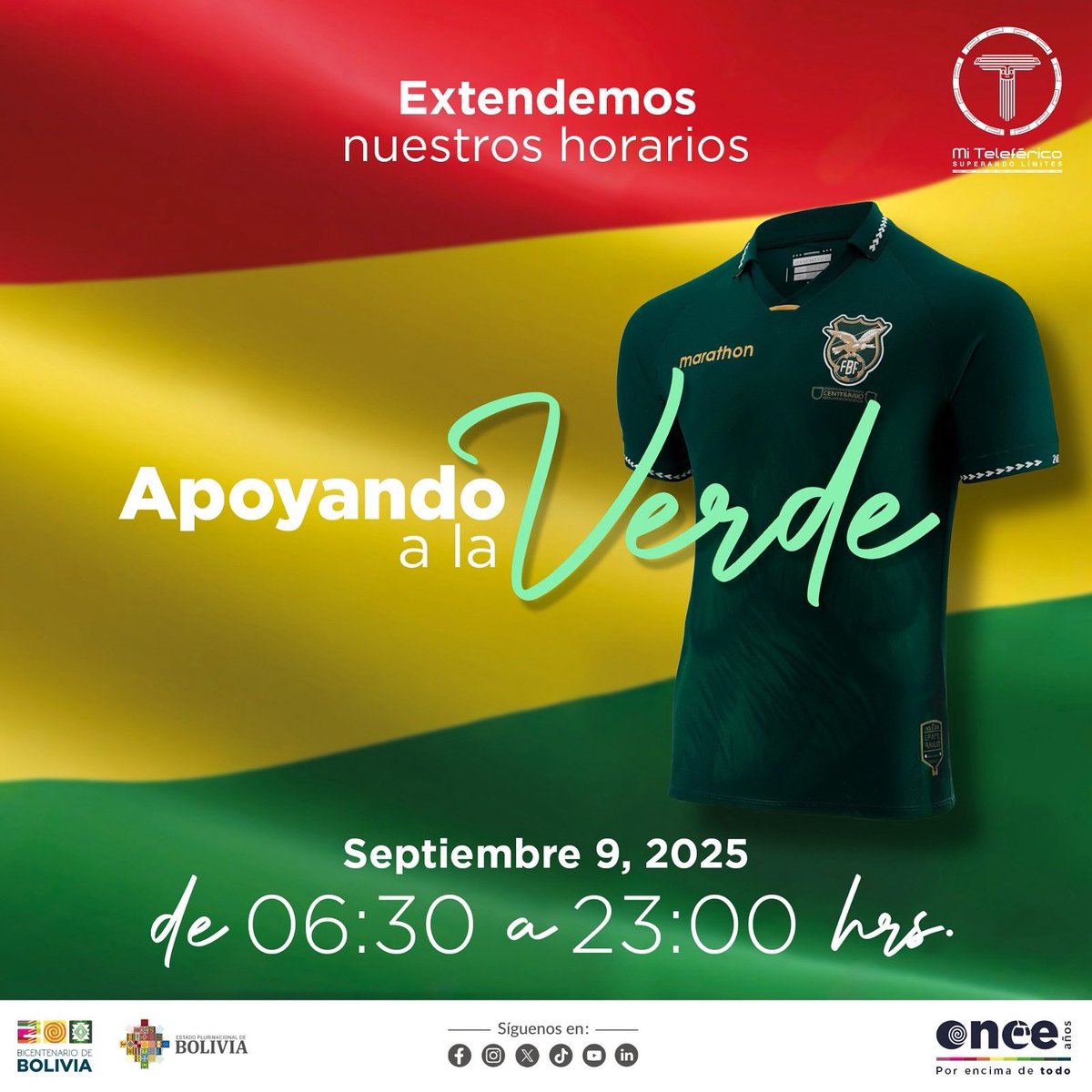 Mi Teleférico extiende sus horarios para que acompañes a la selección y regreses seguro a casa. 🇧🇴✨

📅 Solo el martes 9 de septiembre
🕕 De 06:30 a 23:00 hrs.

✨ Porque cuando juega la Verde, ¡todos sumamos al aliento!

#MiTeleférico 
#VamosBolivia 
#LaPasiónDeFutbol