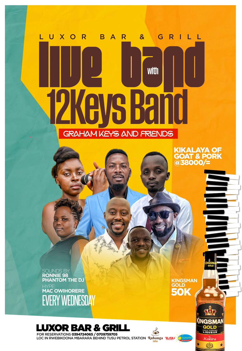 🔥 Wednesday nights hit different at <a href="/LuxorBarMbra/">Luxor Bar & Grill</a> 
<a href="/12keysband/">12Keys</a> Band live at 9PM 🎶
Bring the crew, feel the vibe, own the night.

#12keysband #grahamkeysmusic #celebratinglove
<a href="/Mavadostylez/">Mavado Styles🔥🇺🇬</a> <a href="/tpaul256/">T PAUL 256</a> <a href="/PatraUg1/">Patra Ug</a> <a href="/Cartoon_Guy_/">The Cartoon Guy</a> <a href="/ENayebembera/">Nayebembera Emmanuel</a>