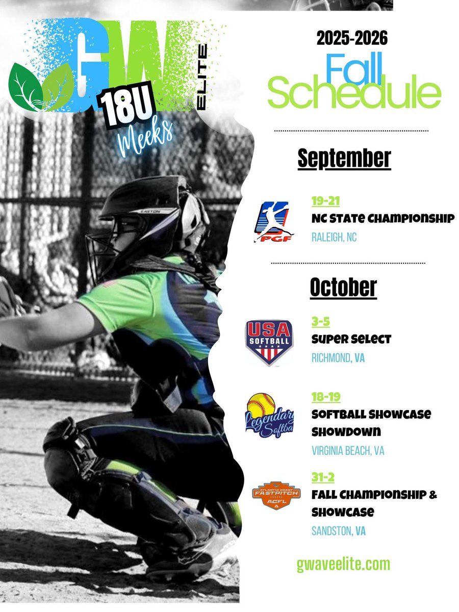 Super Excited for our Fall Schedule! Our team will be attending a couple of camps this fall, as well. <a href="/GreenWaveElite/">GreenWave Elite Softball</a> 

~University of Lynchburg is on Oct 11, 2025 
~Liberty University is on Dec 6, 2025
