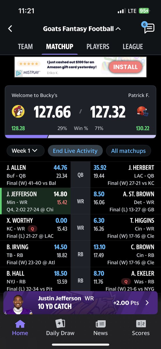 genuinely just busted everywhere after this fantasy football comeback