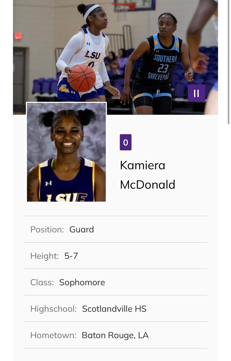 💛2025-2026 Season Is Loading 💜 

2024-25 LCCAC Player of the Year
2024-25 All Defensive First Team 
2024-2025 All Region First Team 

2024-2025 Season Stats 
15.3ppg| 3.8spg| 3.5apg|  3.3rpg