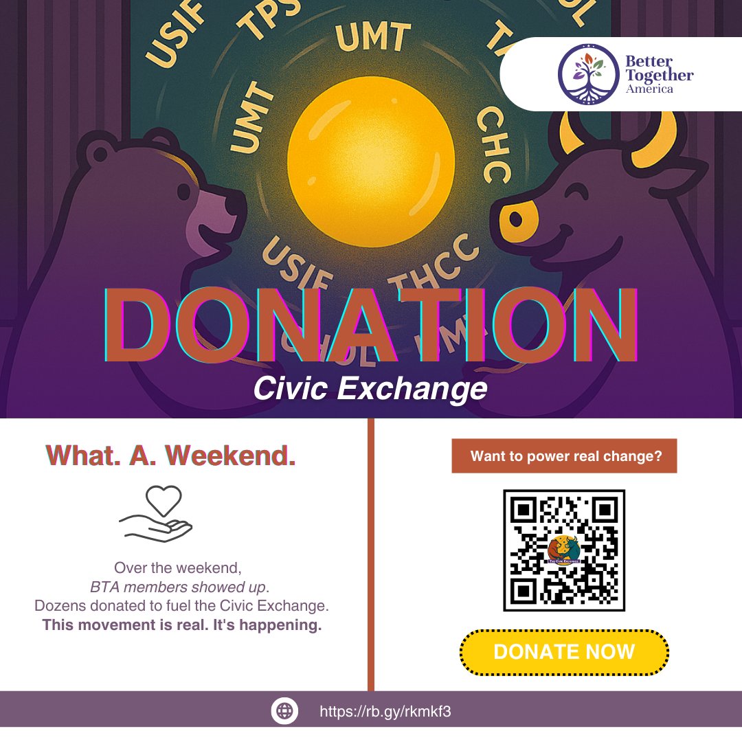 This weekend, dozens of BTA members stepped up to support Civic Exchange; one by one.
It’s proof that this movement is real, and it’s growing.
We’re not moving left. Not right. Just forward.

Join us → {rb.gy/rkmkf3}

<a href="/aijenpoo/">Ai-jen Poo</a> <a href="/votingwhileblk/">Color Of Change PAC</a> <a href="/propublica/">ProPublica</a> <a href="/wethepeople/">We the People</a>