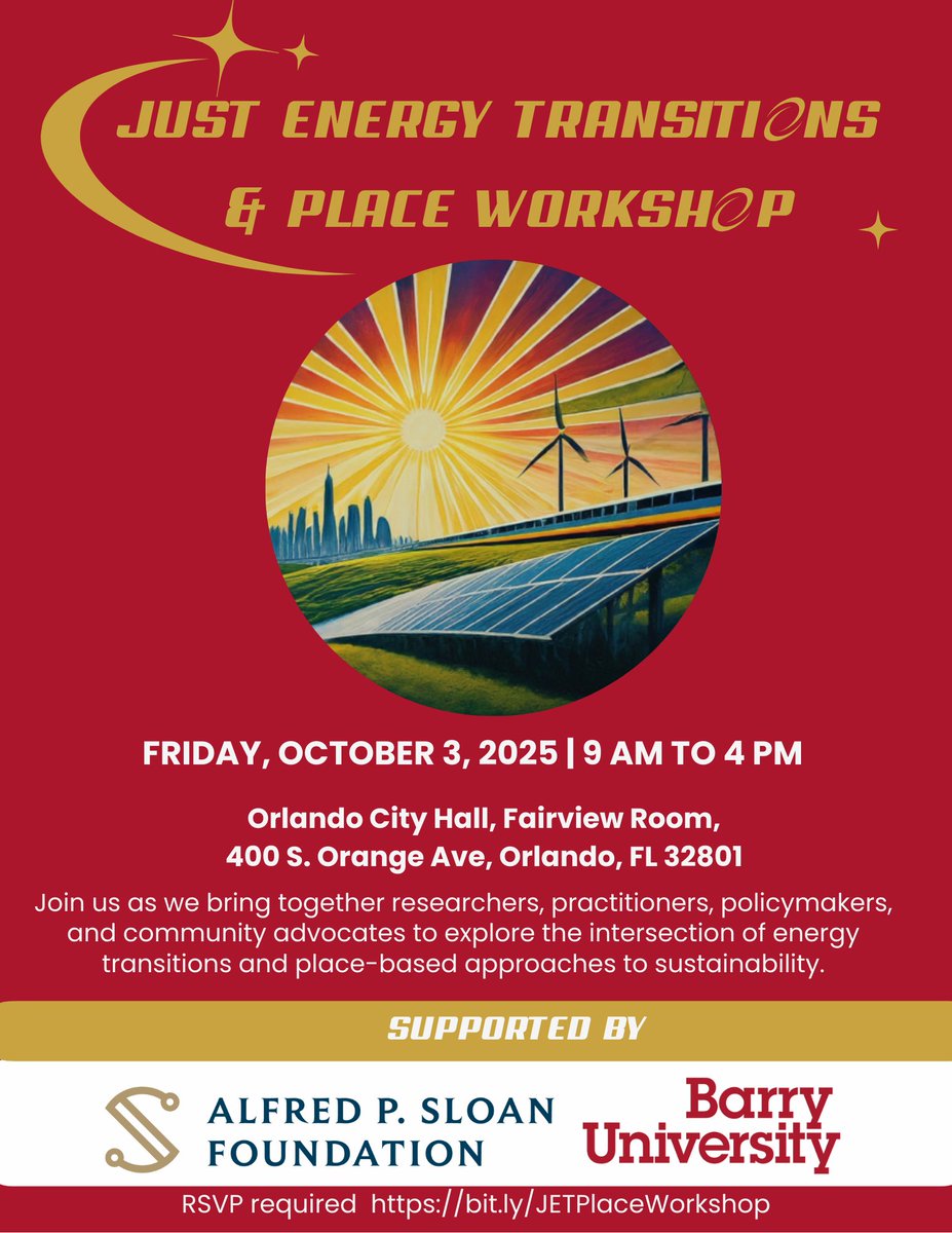 ⚡️ Barry University School of Law presents Just Energy Transitions and Place Workshop! 

Join energy professionals, policymakers, students &amp; advocates for interactive discussions on energy transitions &amp; community impact. 

📅 Fri, Oct 3, 2025 | 9 AM-4 PM