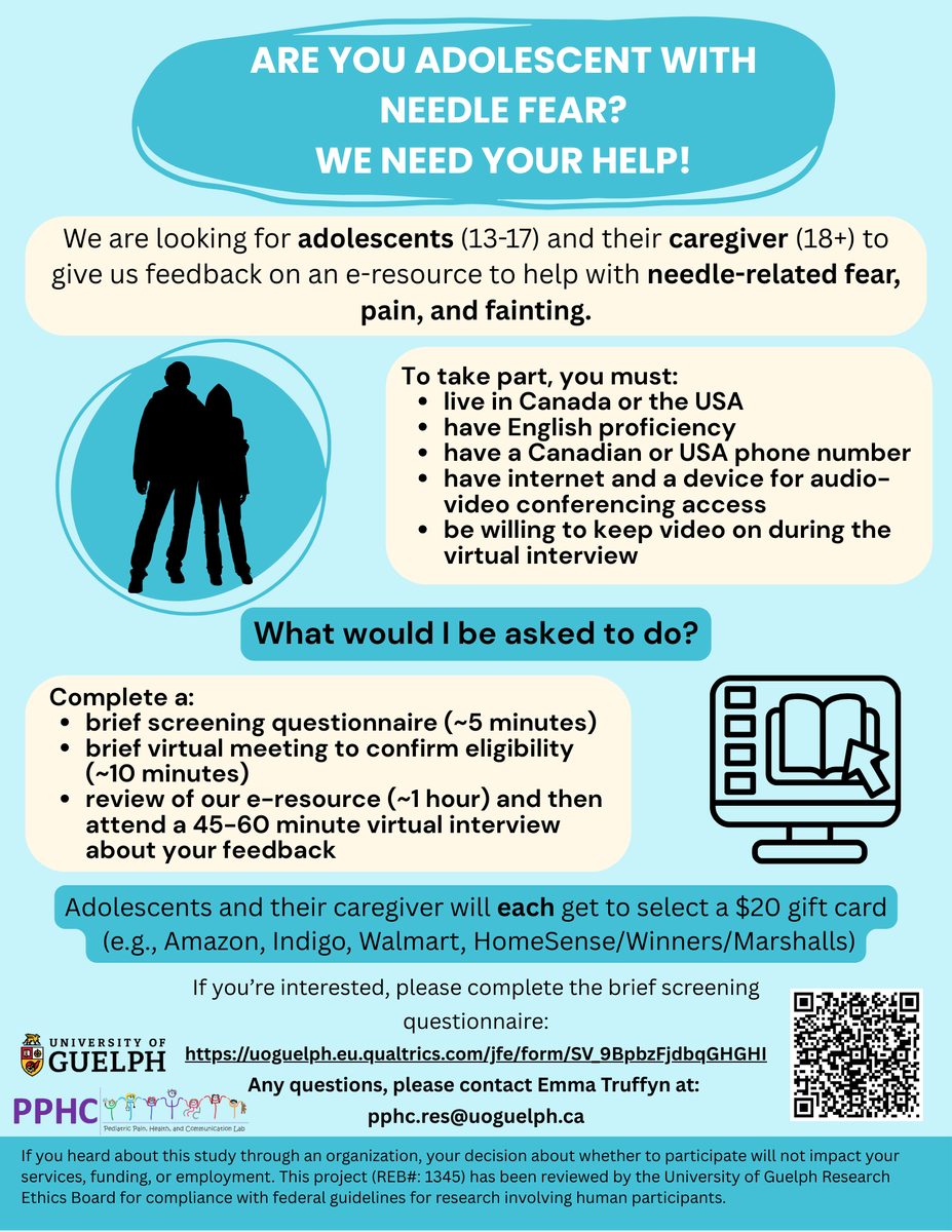 📢 Do you know an #adolescent with #Needle-Related, #Fear, #Pain, and/or 
#Fainting?  We need YOUR help! 

We are looking for adolescents ( 13-17) and their caregivers to participate in a research study!

See if you are eligible here: lnkd.in/g-r4frus

Please share!