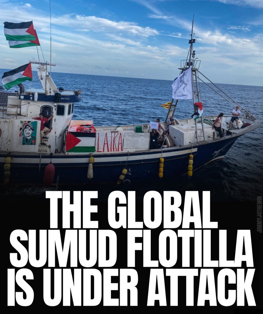 JimmyJ4thewin's tweet photo. 🚨 BREAKING: Drone attack hits the Global Sumud Flotilla's principal boat, Family, right in the port of Tunis! https://t.co/ke9fu53aDV