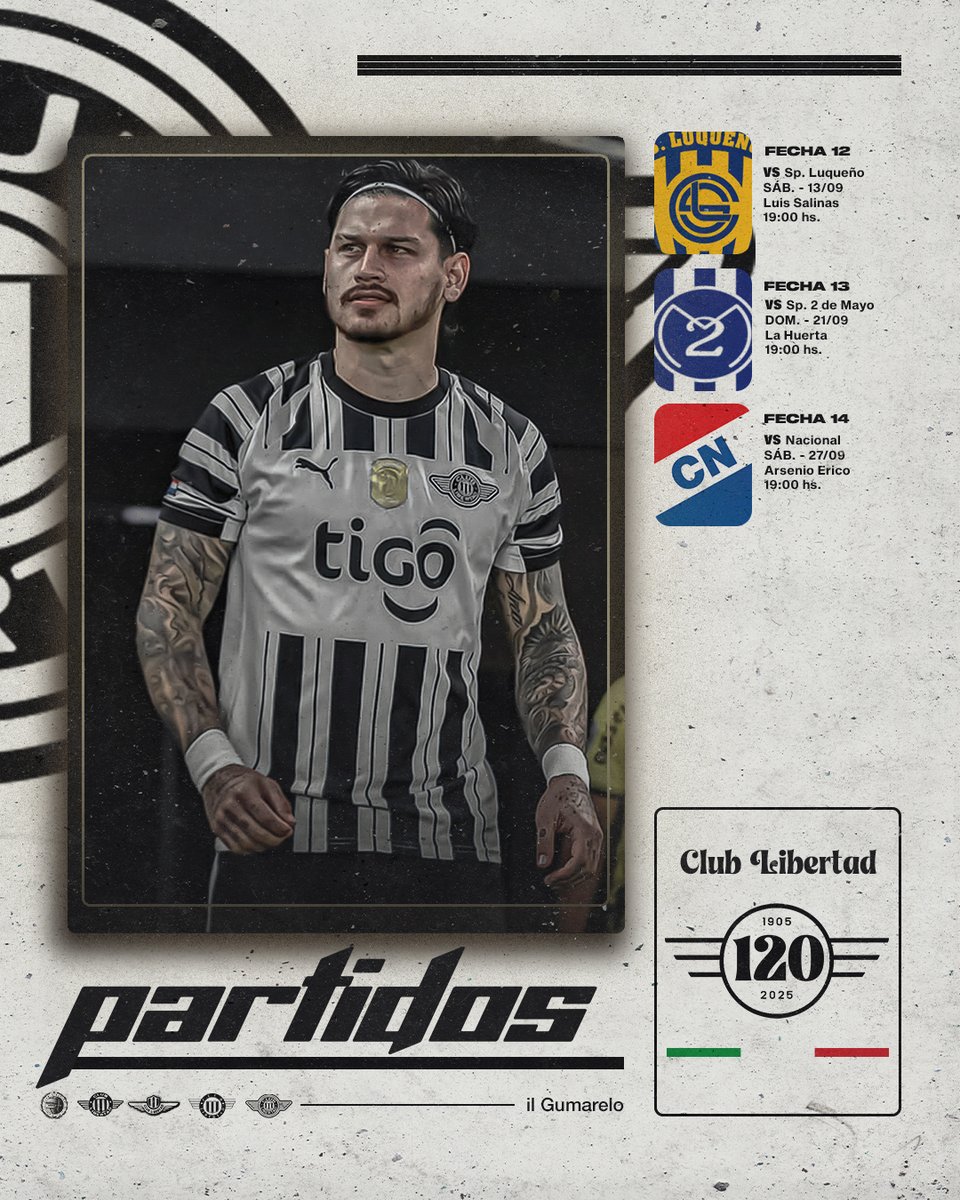 PRÓXIMOS PARTIDOS

F12🆚Sp. Luqueño
📅Sáb. 13-09
🏟️Luis Salinas
⏰19:00

F13🆚Sp. 2 de Mayo
📅Dom. 21-09
🏟️La Huerta
⏰19:00

F14🆚Nacional
📅Sáb. 27-09
🏟️ Arsenio Erico
⏰19:00

 #VamosGuma!🏁🥬