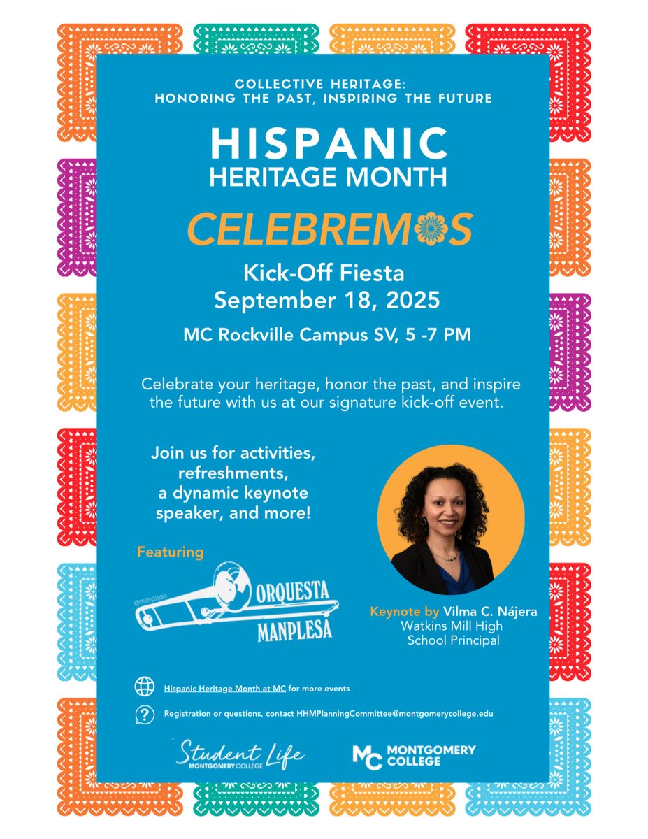 🌟Hispanic Heritage Month at <a href="/montgomerycoll/">Montgomery College</a> 🌟

📅 Sept. 18 | 📍 Rockville Campus
Theme: Honoring the Past, Inspiring the Future ✨

🎤 Keynote • 🎶 Music • 💃 Culture • 🎉 Celebration

¡CELEBREMOS juntos! 💫

#HispanicHeritageMonth 
<a href="/MontgomeryCoMD/">Montgomery County MD Government</a>  <a href="/MCPS/">MCPS</a> <a href="/MCPSEspanol/">MCPS en Español</a>