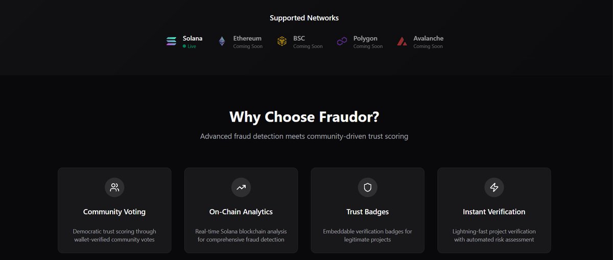 FraudorSec's tweet image. A sneak peek into what we’re building at Fraudor ⚡️
Real-time stats, community votes, project analytics — all in one place.

Trust is the new alpha.
👉 fraudor.xyz 👈