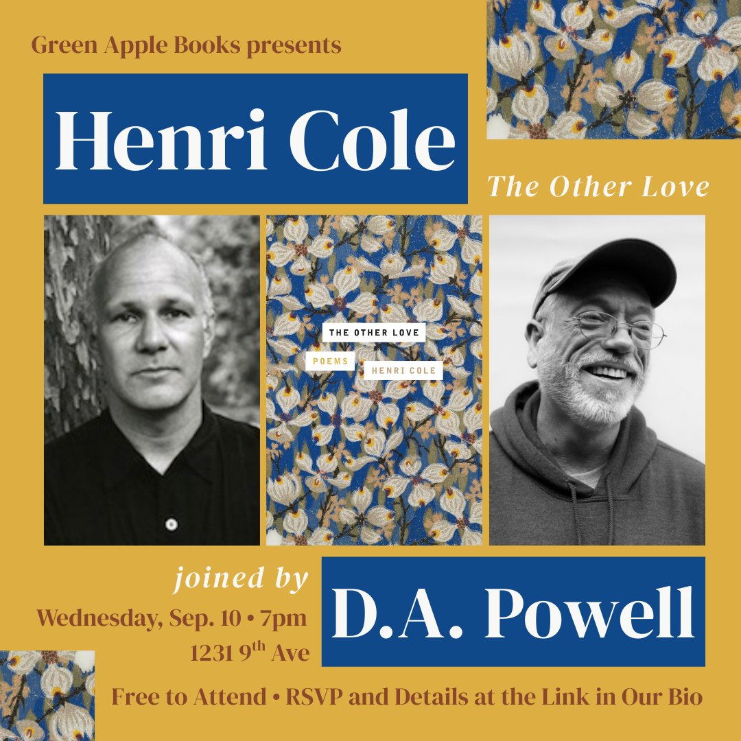 Powell_DA's tweet image. I&apos;ll be joining @ColeHenri for a conversation onstage following his reading at Green Apple Books on the Park this Wednesday at 7pm in celebration of his new book The Other Love. 

Please come; it&apos;s free and a great way to beat this heat. 😃❤️