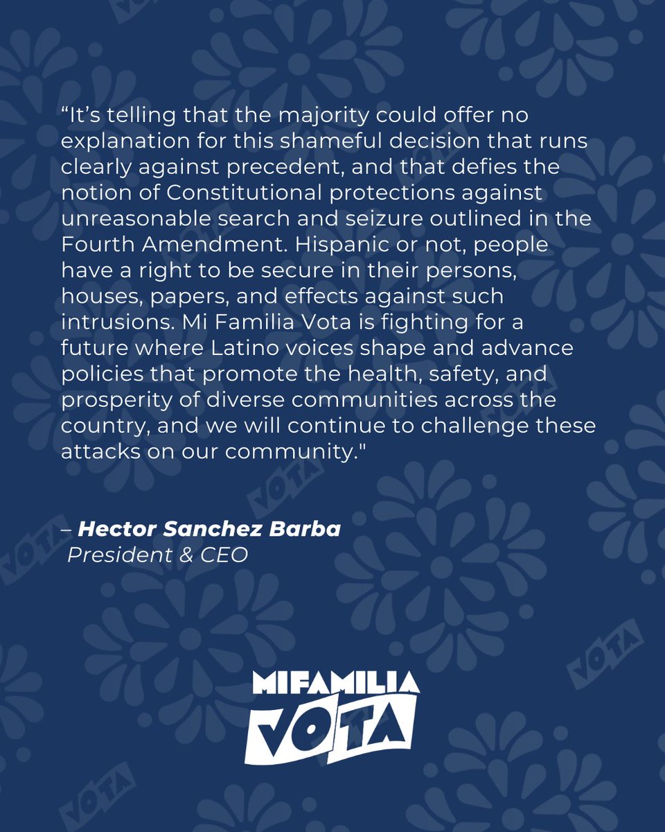 Today, providing no explanation whatsoever, the Supreme Court ruled 6-3 to allow roving immigration raids to continue, even though they follow broad criteria that target Spanish speakers or focus on locations where day-laborers congregate. @hesanche mifamiliavota.org/supreme-court-…