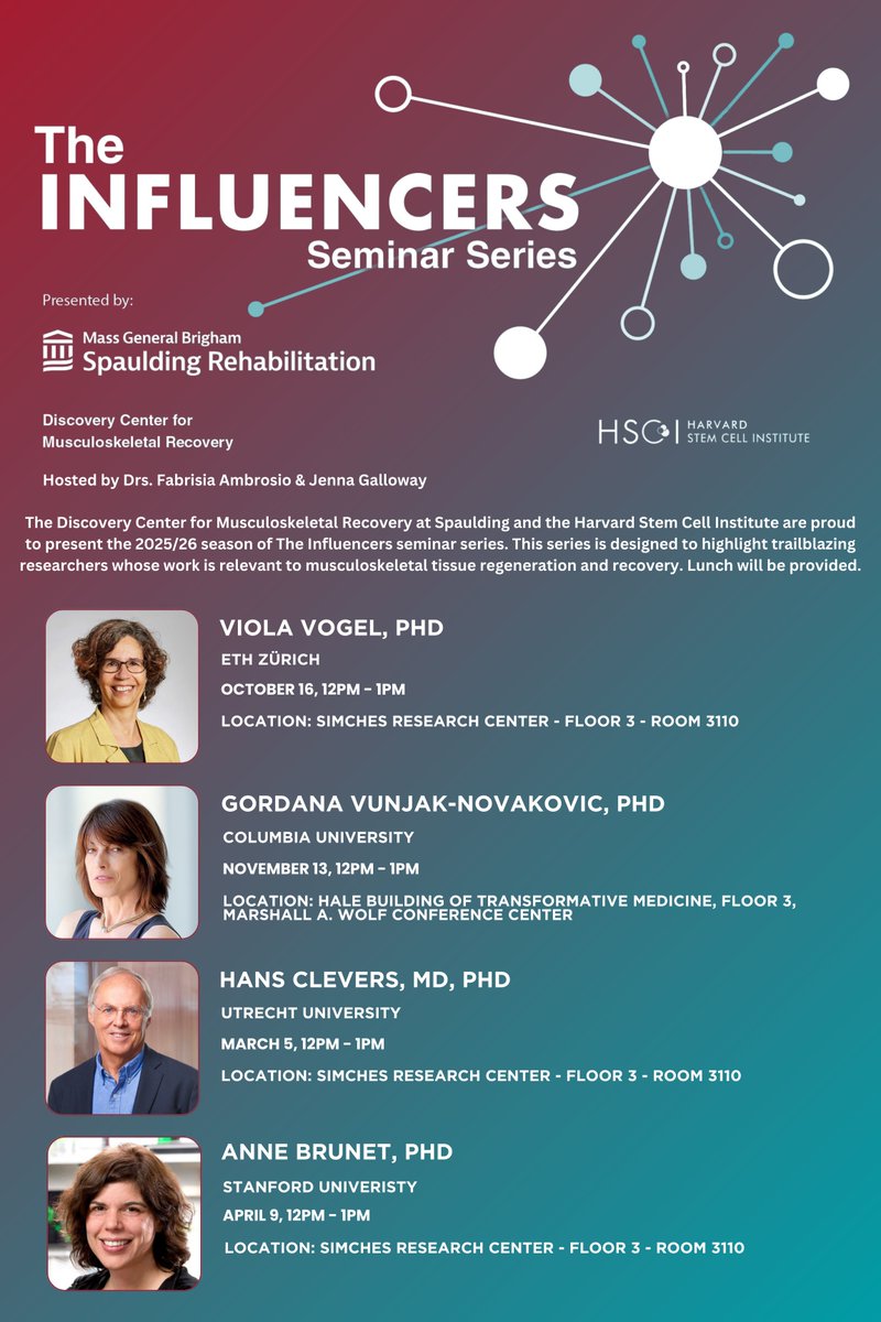 SpauldingMSK's tweet image. The Influencers Seminar Series is back! The Discovery Center for Musculoskeletal Recovery at @SpauldingRehab and @harvardstemcell are proud to present the 2025/26 Influencers Seminar Series. 

This season will feature:
-Viola Vogel, PHD (@ETH)
-Gordana Vunjak-Novakovic, PHD…