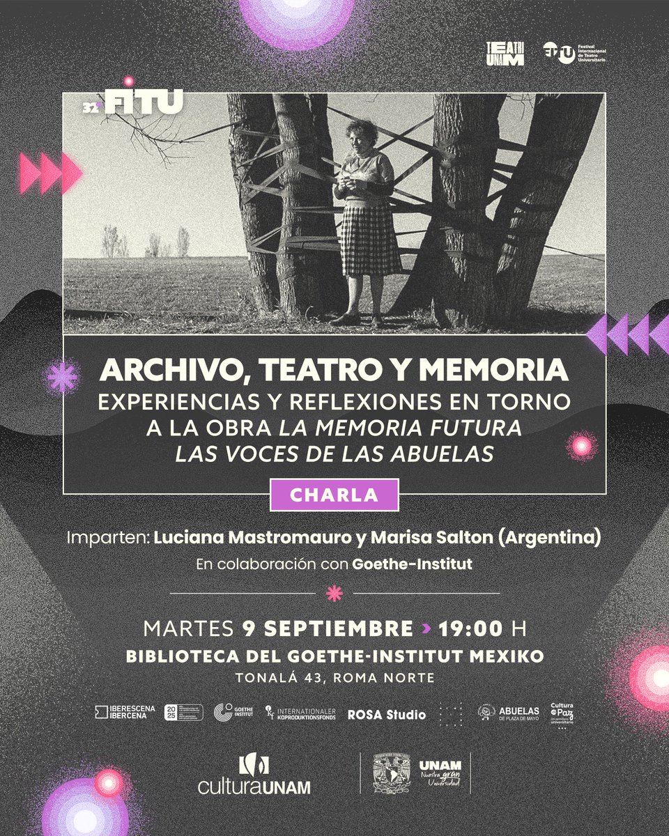 💭 Una charla en la que reflexionaremos a partir de “La memoria futura_Las voces de las Abuelas”, un proyecto que trabaja con el Archivo Biográfico Familiar de Abuelas de Plaza de Mayo, presente en #32FITU.

🔹 ARCHIVO, TEATRO Y MEMORIA
📆 ma 9 sep
⏰ 19h
📍Biblioteca <a href="/GI_Mexiko/">Goethe-Institut Mexiko</a>