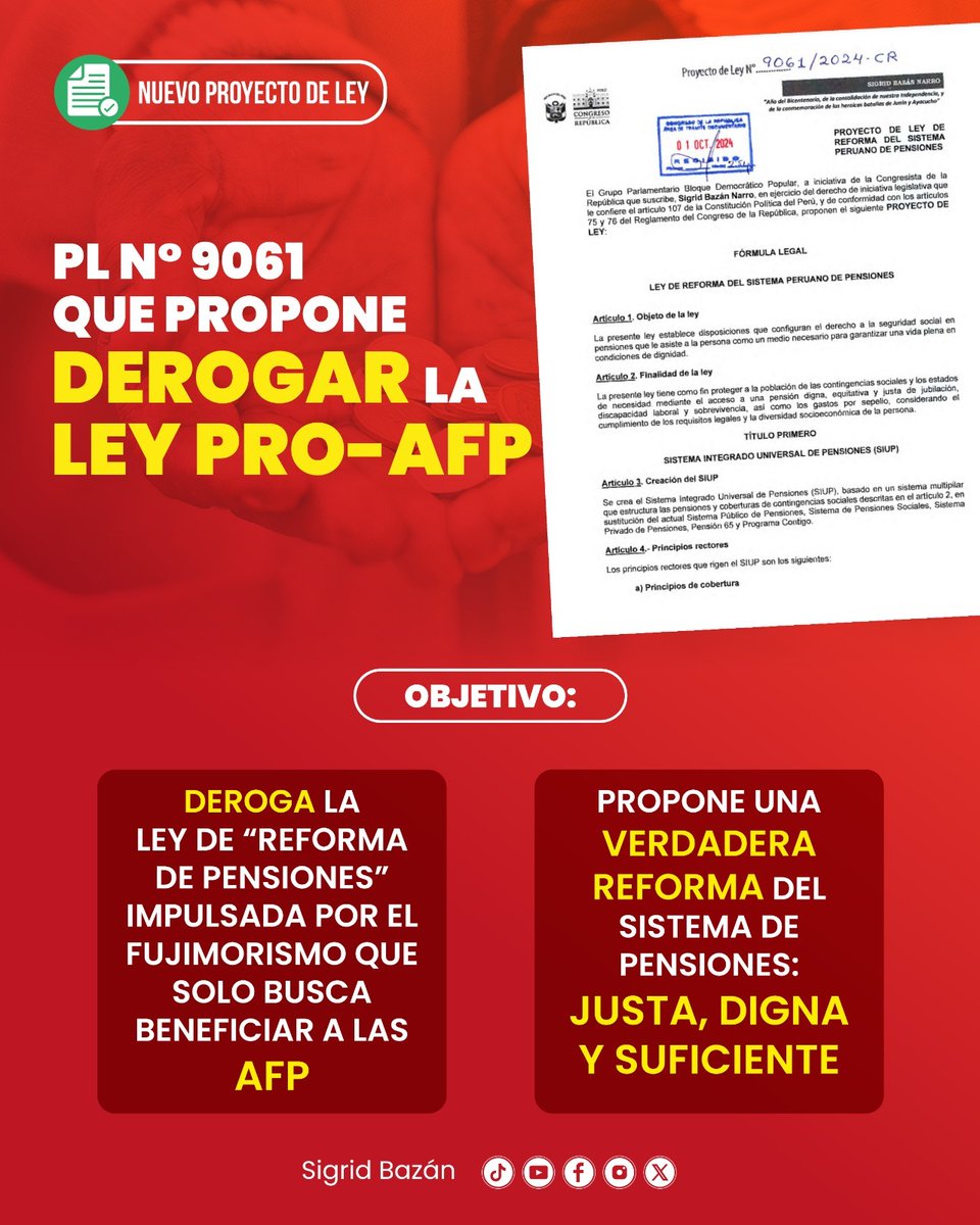 La publicación del reglamento de la Ley Pro-AFP hace más urgente priorizar mi Proyecto de Ley que deroga esa nefasta norma y plantea una verdadera reforma que defiende el derecho a una pensión digna para todos los trabajadores. ¡No más un sistema hecho a la medida de las AFP!
