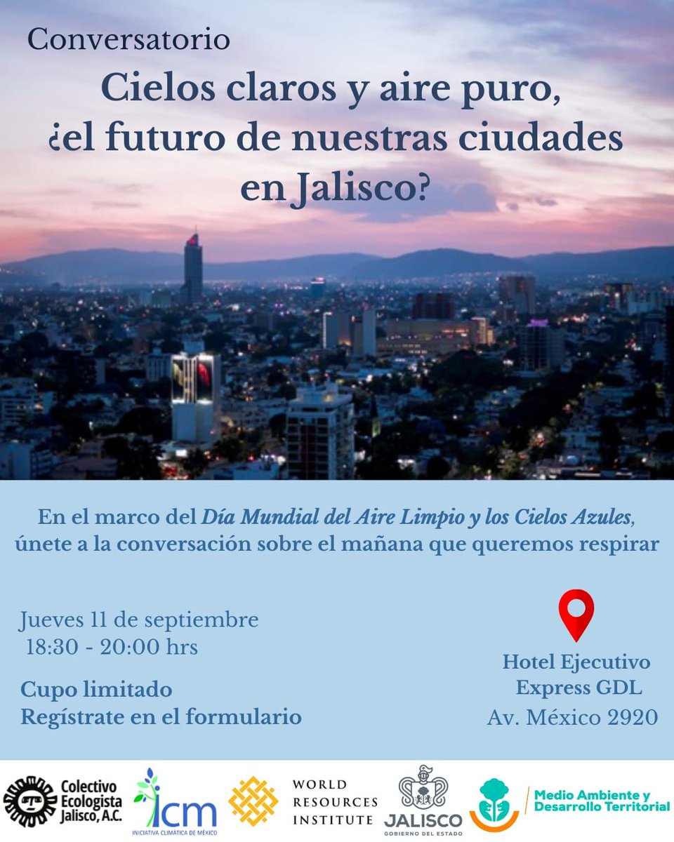 Iniciativa Climática de México (@iniciativaclima) on Twitter photo 🌎En el #DíaMundialDelAireLimpio te invitamos a un diálogo con expertas en salud y #CalidadDelAire de <a href="/WRIMexico/">@WRIMexico</a> , <a href="/SemadetJal/">SEMADET Jalisco</a>, #ICM y <a href="/cejmexico/">CEJmexico</a> 📷
📆11 sept | 18:30 hrs
📍Guadalajara 👇maps.app.goo.gl/BmLtUXybsb3BBm…
🔗Registro: forms.gle/sasp1pVb4JP7hB…
Respirar bien es un derecho 🙌 🌎En el #DíaMundialDelAireLimpio te invitamos a un diálogo con expertas en salud y #CalidadDelAire de <a href="/WRIMexico/">@WRIMexico</a> , <a href="/SemadetJal/">SEMADET Jalisco</a>, #ICM y <a href="/cejmexico/">CEJmexico</a> 📷
📆11 sept | 18:30 hrs
📍Guadalajara 👇maps.app.goo.gl/BmLtUXybsb3BBm…
🔗Registro: forms.gle/sasp1pVb4JP7hB…
Respirar bien es un derecho 🙌