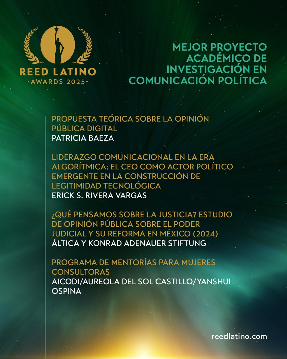 🏆 Nominados a la categoría MEJOR PROYECTO ACADÉMICO DE INVESTIGACIÓN EN COMUNICACIÓN POLÍTICA:

🌟 @patriciabaezaca
🌟 <a href="/ErickRivera_/">Erick S. Rivera</a>
🌟 <a href="/altica_research/">Áltica</a>
🌟 <a href="/AureoladelSol/">Aureola del Sol</a>