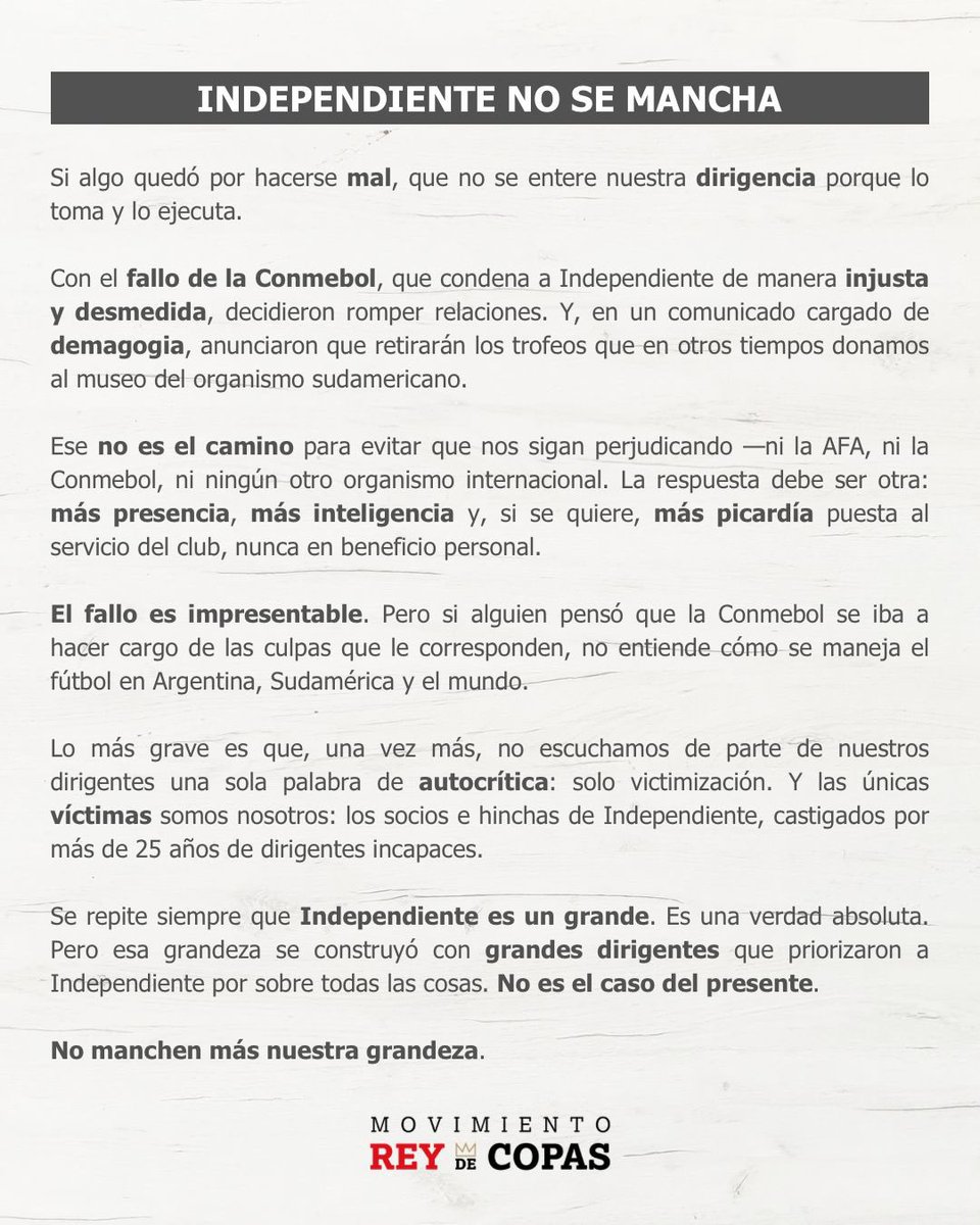 📝 Comunicado del #MRdC: La grandeza de Independiente se construyó con grandes dirigentes que priorizaron al club por sobre todas las cosas. No es el caso del presente. No manchen más nuestra grandeza. 

#Independiente #TodoRojo #Conmebol