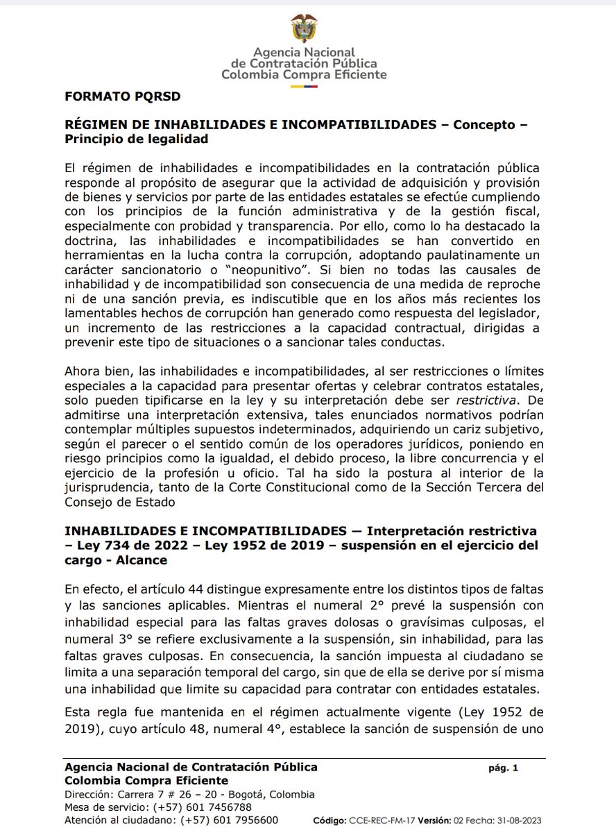 Contratación Estatal: ¿Cuándo una sanción disciplinaria no constituye una inhabilidad o impedimento para contratar con el Estado? Concepto de CCE 
drive.google.com/file/d/1G5CrlV…