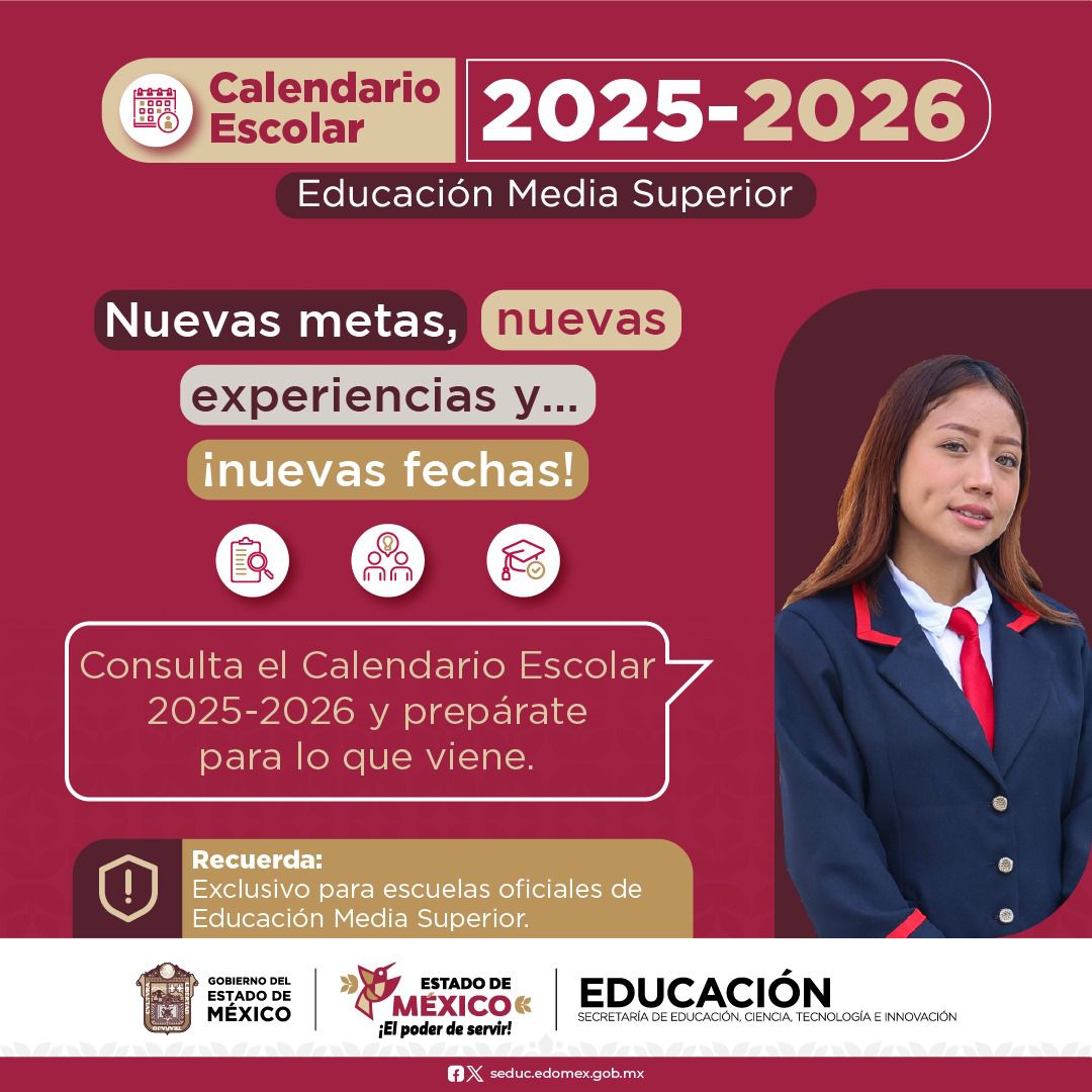 #EducaciónMediaSuperior
<a href="/SeducEdoMex/">Educación, Ciencia, Tecnología e Innovación</a> 
<a href="/SEMSedomex/">SEMS</a> 
El #CalendarioEscolar 2025-2026 ya está disponible.
✅ Marca tus días importantes ✅ Prepárate para el nuevo ciclo ✅ Organiza tus metas desde ahora
Consúltalo aquí 👉 bit.ly/3Jw4k9R.
