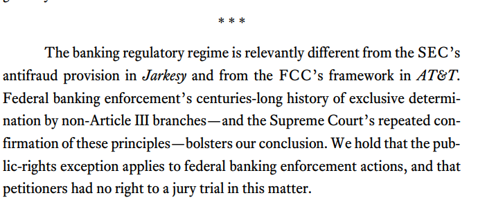 New: A Fifth Circuit panel today held that, even after Jarkesy, there is no jury trial right in a banking regulator civil money penalty enforcement action.  ca5.uscourts.gov/opinions/pub/2…