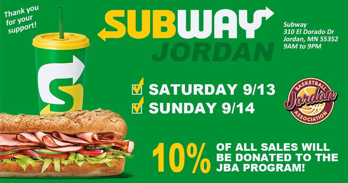 Dine at SUBWAY in Jordan anytime between 9am and 9pm on Sept 13 or Sept 14, and 10% of all sales will go directly to support the JBA program!