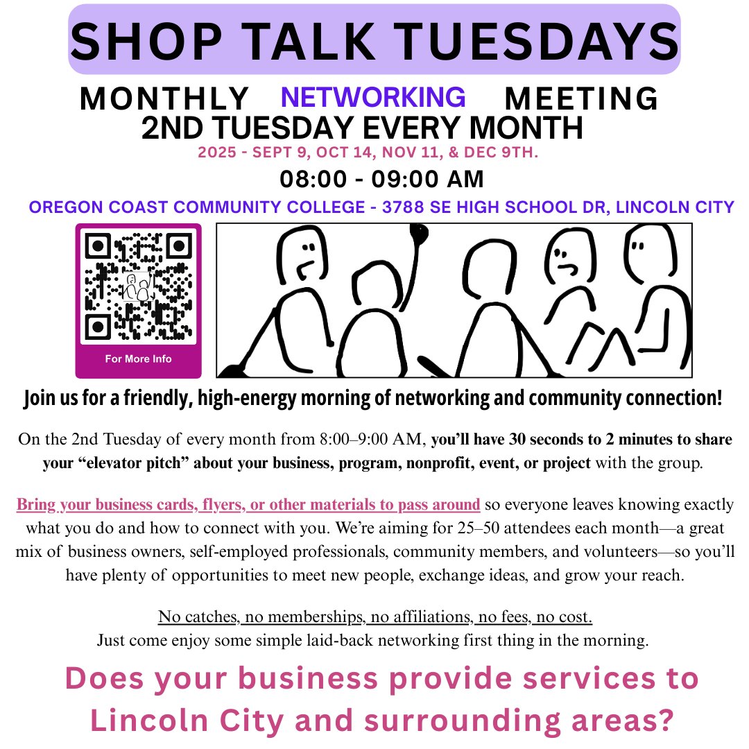 Does your business serve Lincoln City and the surrounding areas? 
 Join us for a friendly, high-energy morning of networking and community connection!
2nd Tuesday of every month, 8:00–9:00 AM
@ OCCC campus - 3788 SE High School Dr, Lincoln City
#LincolnCityOR #NetworkingEvent