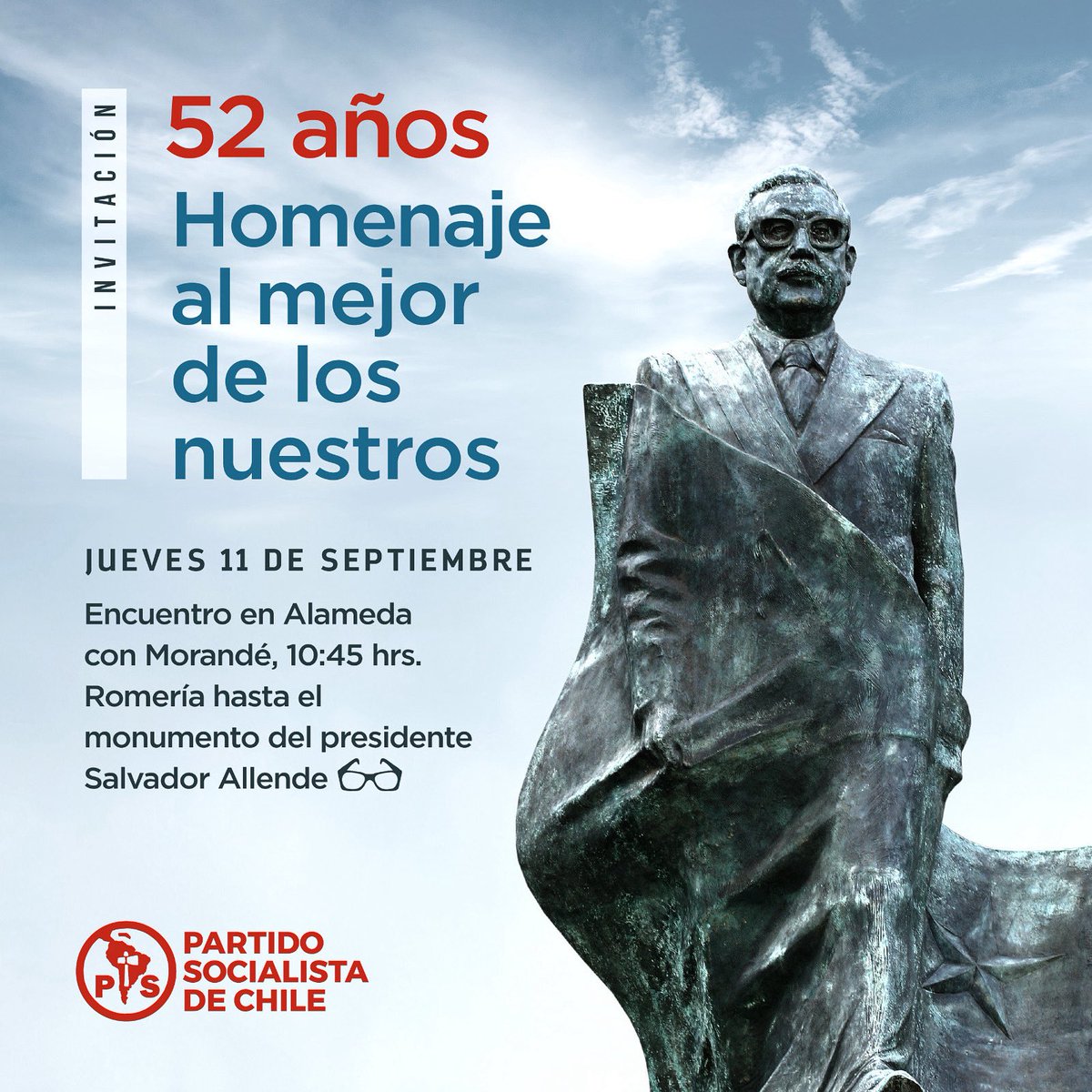 Este 11 de septiembre nos reunimos para rendir homenaje al mejor de los nuestros, el compañero Salvador Allende. ✊
Convocamos a todas y todos los socialistas a encontrarnos en Alameda con Morandé a las 10:45 hrs, para marchar juntos hacia su monumento.