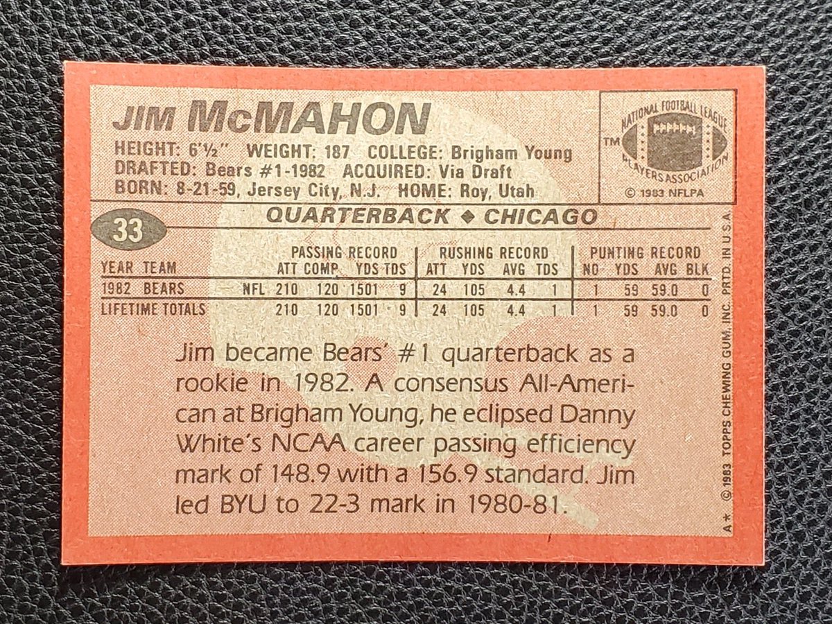1983 #Topps #33 JIM MCMAHON RC
The #Bears are playing tonight so here’s a Jim McMahon rookie card because why not?
#NFL #FootballCards