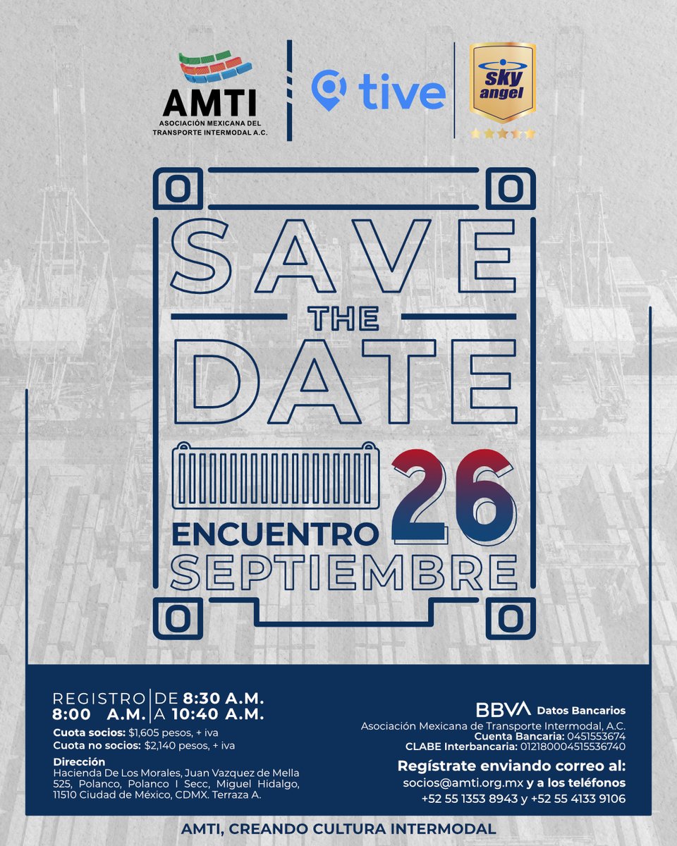 ¡Nos vemos este 26 de septiembre! 📢 La comunidad intermodal te estará esperando en Hacienda De Los Morales

📋 Registro: socios@amti.org.mx
📅¡Aparta la fecha!

#Intermodal #AMTI #EducaciónIntermodal #Encuentro #Negocios #Networking