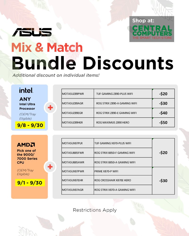 centralcomputer's tweet photo. Save up to $50 on select ASUS motherboard when bundle with eligible Intel or AMD CPU!
See second picture for eligible motherboard models.
Shop now: https://t.co/QqZeII756X
#asus #amd #intel #bundlediscount https://t.co/TkCC8A2anO