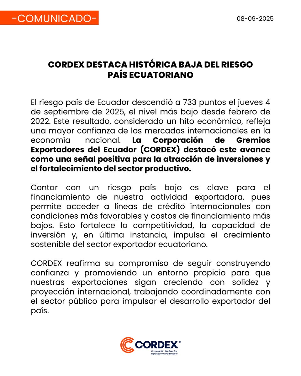 CORDEX DESTACA HISTÓRICA BAJA DEL RIESGO PAÍS ECUATORIANO

El riesgo país de Ecuador descendió a 733 puntos el jueves 4 de septiembre de 2025, el nivel más bajo desde febrero de 2022. Este resultado, considerado un hito económico, refleja una mayor confianza de los mercados