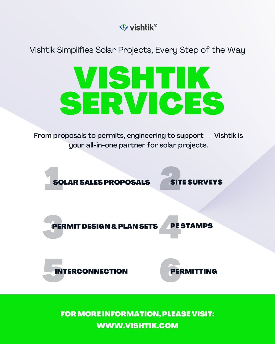 VishtikLLC's tweet image. All-in-One Solar Support, Simplified.
From proposals to permits, site surveys to PE stamps — Vishtik covers every step of your solar journey.
Partner with us and keep your projects moving without delays.

Explore more at project.vishtik.com

#SolarDesign #PEStamp