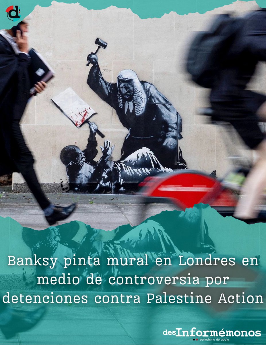 #Londres ✊|El artista Banksy creó un mural en la sede de los Reales Tribunales de Justicia en Londres, que muestra a un juez golpeando a un activista, justo en un momento en que aumentan las detenciones relacionadas con el grupo Palestine Action. buff.ly/0gPXXMk
