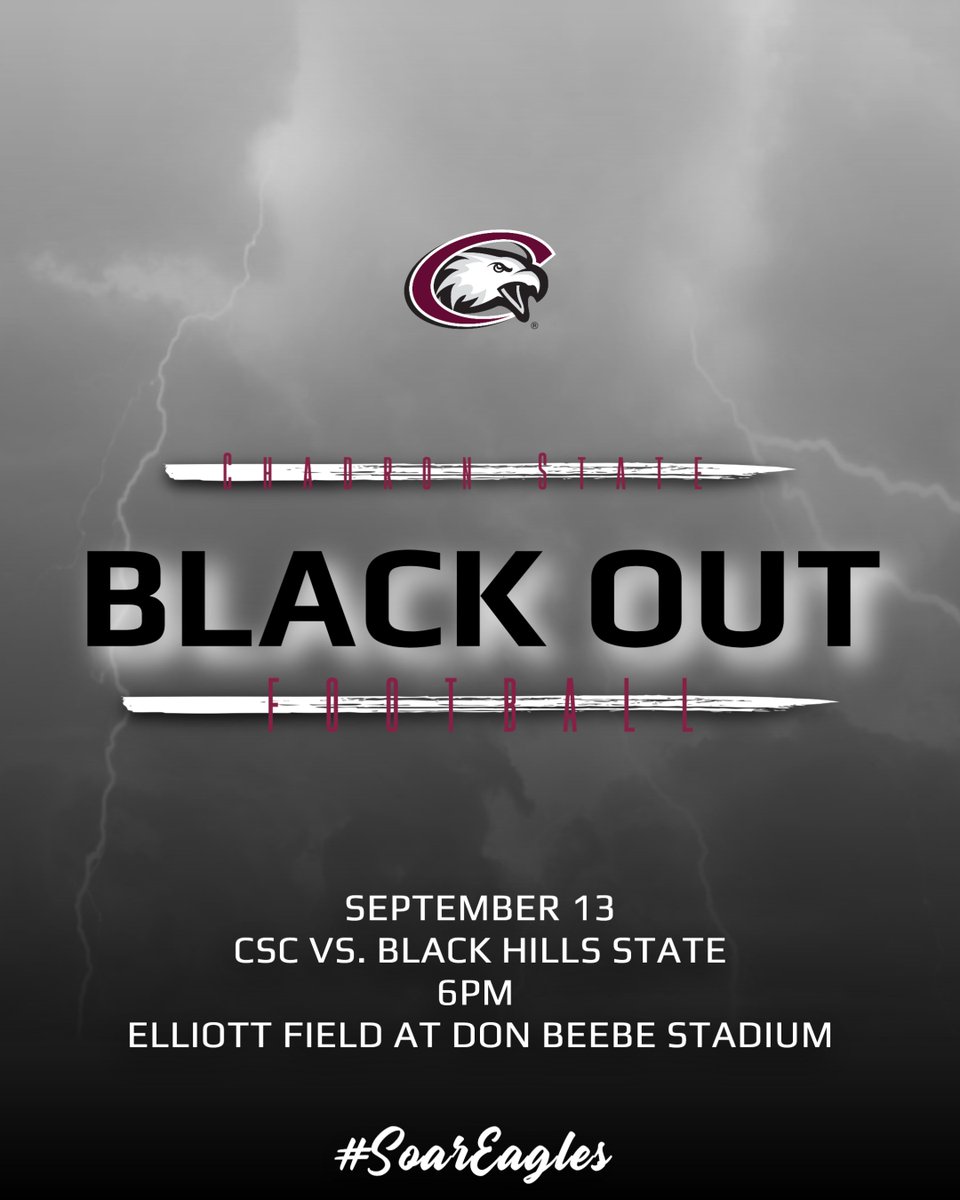 Chadron State Football (@cscfootball) on Twitter photo This Saturday, five days from RIGHT NOW, is our football home opener.
Not only is it a rivalry game against Black Hills State, but it's a 6 p.m. kickoff and the only home night game of 2025.
We're asking for you all to come in all black and pack the stands. Plan accordingly. This Saturday, five days from RIGHT NOW, is our football home opener.
Not only is it a rivalry game against Black Hills State, but it's a 6 p.m. kickoff and the only home night game of 2025.
We're asking for you all to come in all black and pack the stands. Plan accordingly.