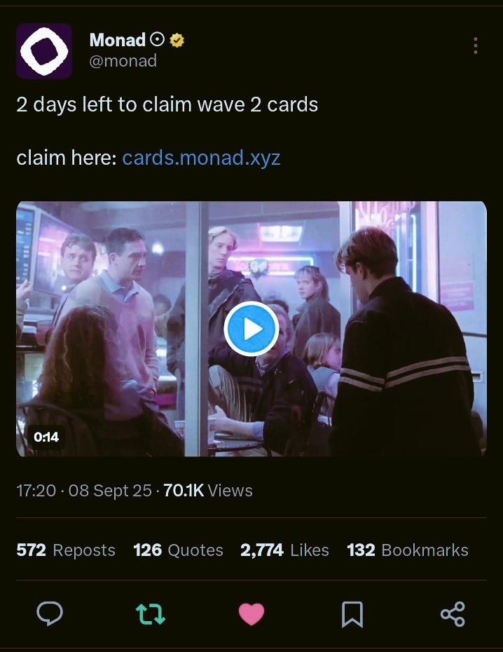 Monad made a tweet hours ago that you and I have only 2 days left to claim the wave 2 cards

This is for those eligible and those that got nominated
cards.monad.xyz

This tweet should be a reminder 🎗️ 
<a href="/monad/">Monad (mainnet arc)</a> are moving in different unique ways