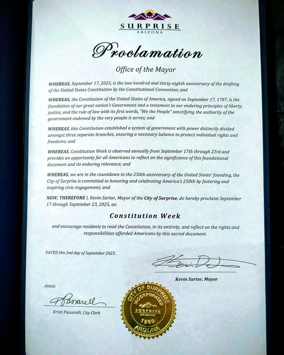 MayorSartor's tweet image. I recently attended a #Surpriseaz Daughters of the American Revolution meeting and presented a Proclamation honoring the week of Sept. 17-23 as Constitution Week. They also held a 📜Constitution Quiz and I know I made my HS Govt. teacher proud. 📝
#connectionmatters