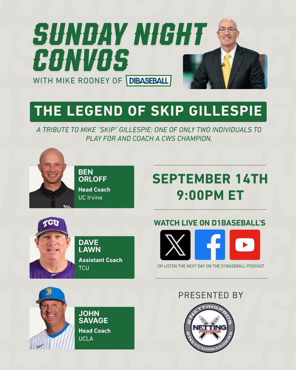 SUNDAY NIGHT CONVOS ARE BACK 🙌

Join <a href="/Mike_Rooney/">Mike Rooney</a> at 9 p.m. ET on Sunday as he chats with <a href="/UCIbsb/">UCI Baseball</a>'s Ben Orloff, <a href="/CoachDaveLawn/">Dave Lawn</a> and <a href="/UCLABaseball/">UCLA Baseball</a>'s John Savage about legendary <a href="/USC_Baseball/">USC Baseball</a> and UCI head coach Mike Gillespie.

📺 buff.ly/BJWJ6yW

🤝 <a href="/NettingPros/">Netting Professionals 🏟️</a>