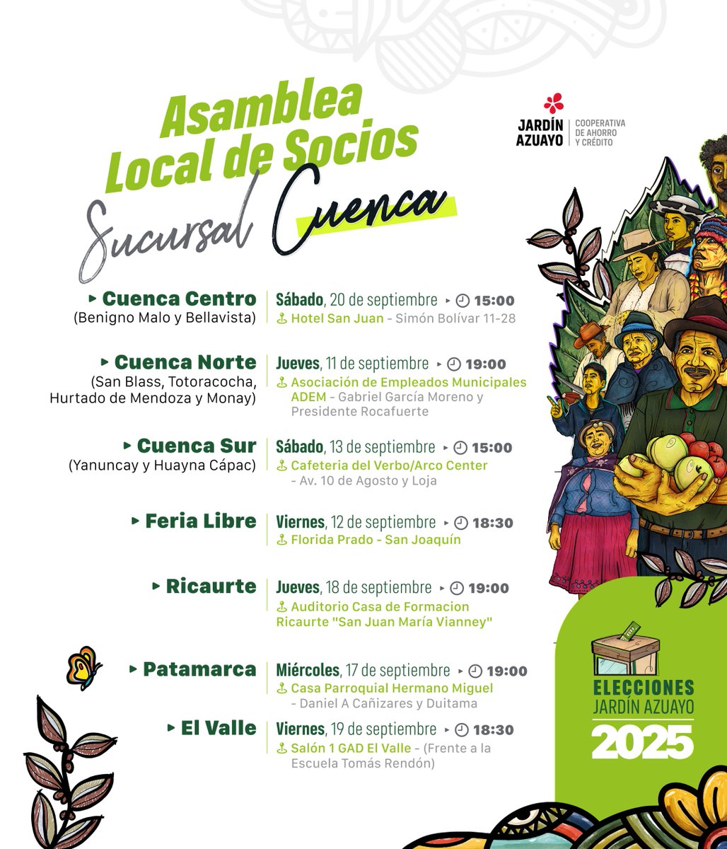 Invitamos a los socios de Cuenca a ser partícipes de las Asambleas Locales.
En este espacio se elegirán a los nuevos directivos. 

A nivel nacional se realizarán más de 100 Asambleas Locales de Socios.
Consulta la fecha, hora y lugar de tu asamblea aquí: jardinazuayo.fin.ec/asambleas-loca…