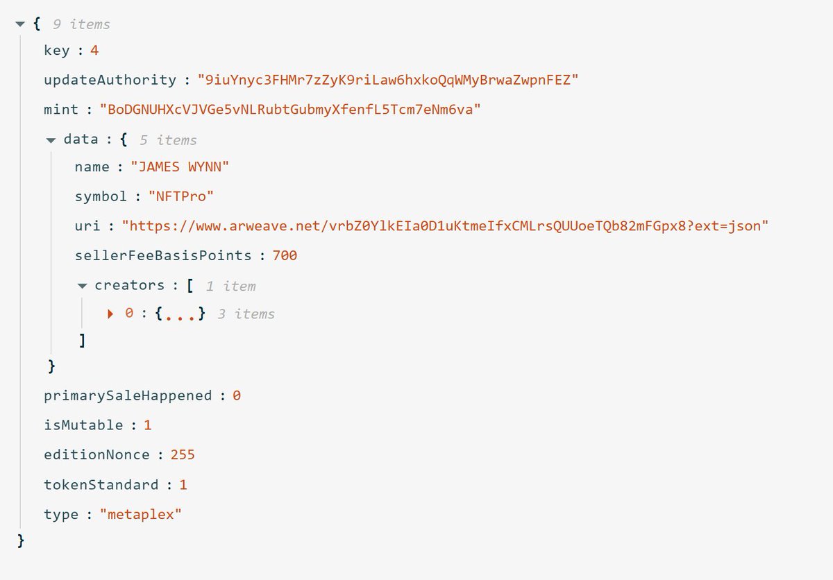 wgadberry's tweet photo. @DankRedneck 1)  Image below is an example of Solsea's Metaplex Metadata for my Rookie James Wynn NFT hosted on Solsea.

The "NFT Metadata" contains a URI that points to Arweave storage environment which contains the "URI Metadata" for the NFT, see here:
https://t.co/vjVUwKUvUr https://t.co/03dTUqEQ6P