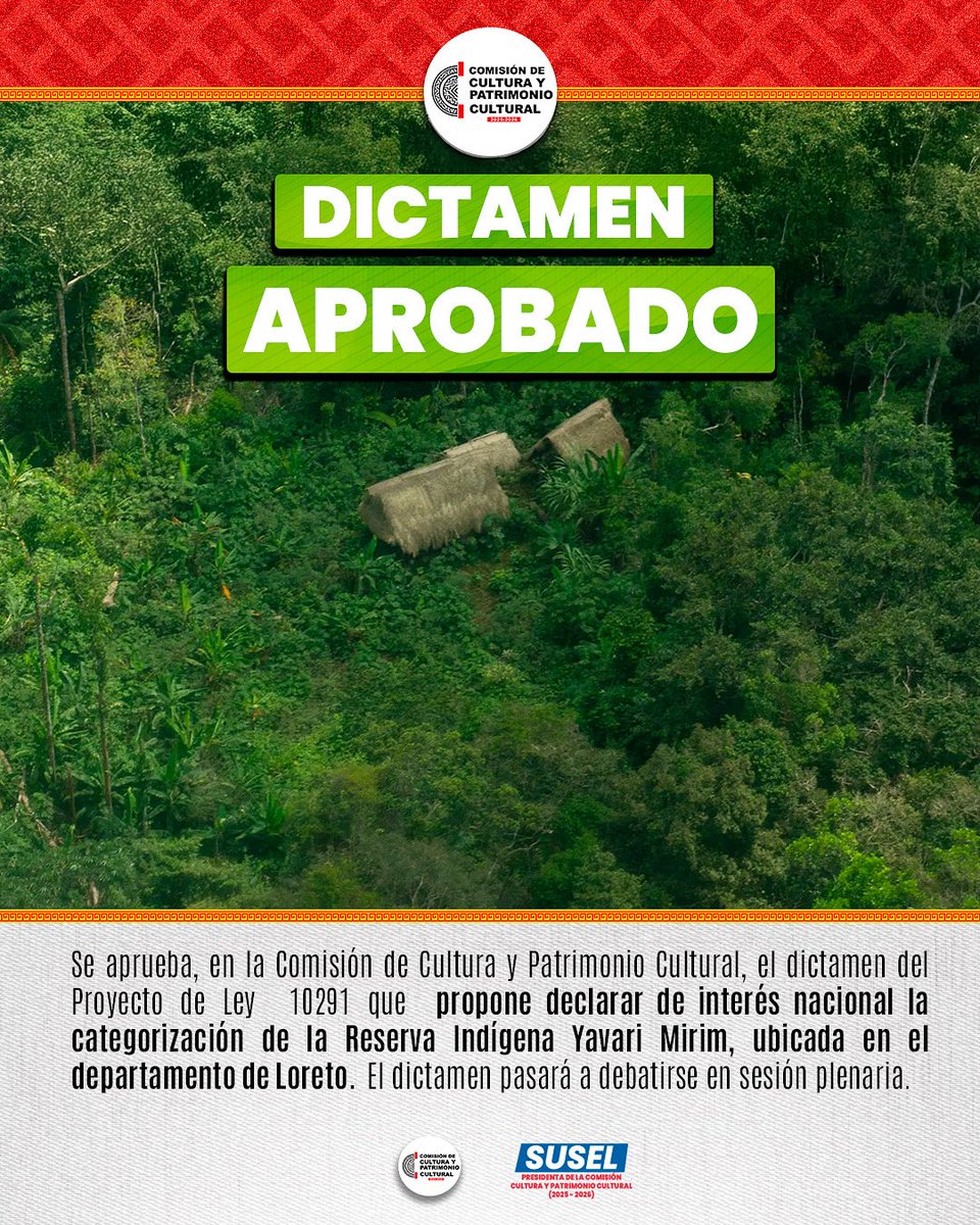 comisioncultur's tweet photo. #AHORA

APROBADO ✅

Se aprobó el dictamen del Proyecto de Ley 10291 que declara de interés nacional la categorización de la Reserva Indígena Yavarí Mirim, en Loreto. https://t.co/Gr9SNcWy3A