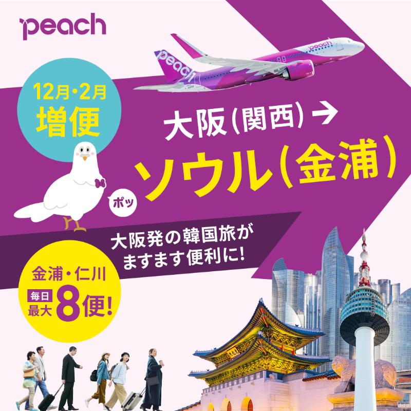 ソウル (金浦)線、さらに増便！ 大阪 (関西)－ソウル (金浦) 線は、12