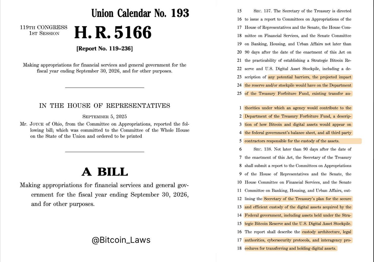 JJChagerben357's tweet photo. 🇺🇲 Un nuevo proyecto de ley exige que el Tesoro de EE. UU. informe sobre cómo aparecería una Reserva Estratégica de Bitcoin en el balance general federal.

Estados Unidos está cada vez más cerca de tener Bitcoin oficialmente. 🔥 https://t.co/4O99vAeba3