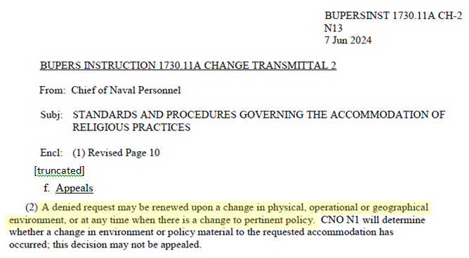 A local command is trying to deny a Sailor's due process to Religious Accommodation because they have previously been denied accommodation for a different requirement. 

As a non-lawyer, this command seems in violation of BUPERSINST 1730.11A, stating that "A denied request may be