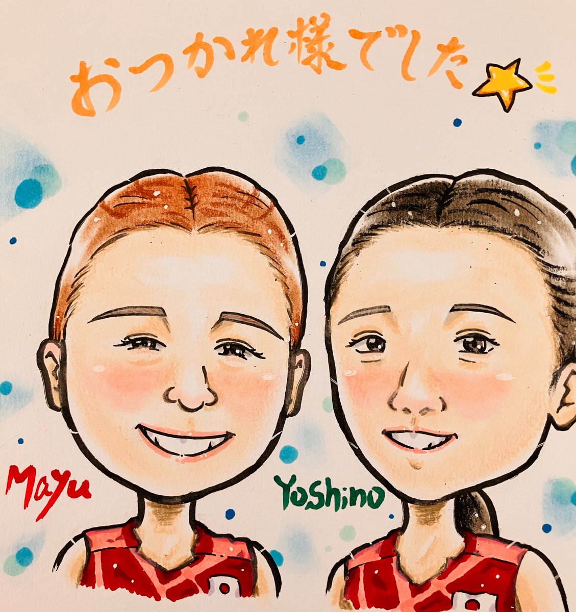 似顔絵 イラスト 手描き しゃがんでピース #illust #イラスト #似顔絵 #似顔絵イラスト
