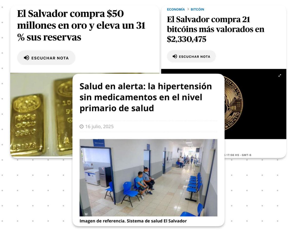 🗣️📢 EL DICTADOR COMPRA ORO Y BITCOINS, PERO NO MEDICINAS‼️

Mientras anuncia con orgullo la compra de oro y bitcoin, miles de salvadoreños enfrentan otra realidad: en las unidades de salud no hay medicamentos básicos para tratar la hipertensión desde hace 10 meses.

La escasez