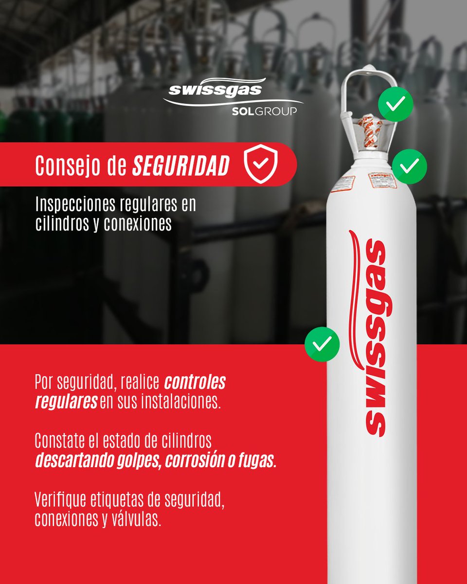 #ConsejoSwissgas Inspeccione regularmente cilindros, sus  instalaciones y asegure un entorno libre de riesgos para su equipo y empresa. 🚨 ​

#SeguridadIndustrial #ControlDeRiesgos