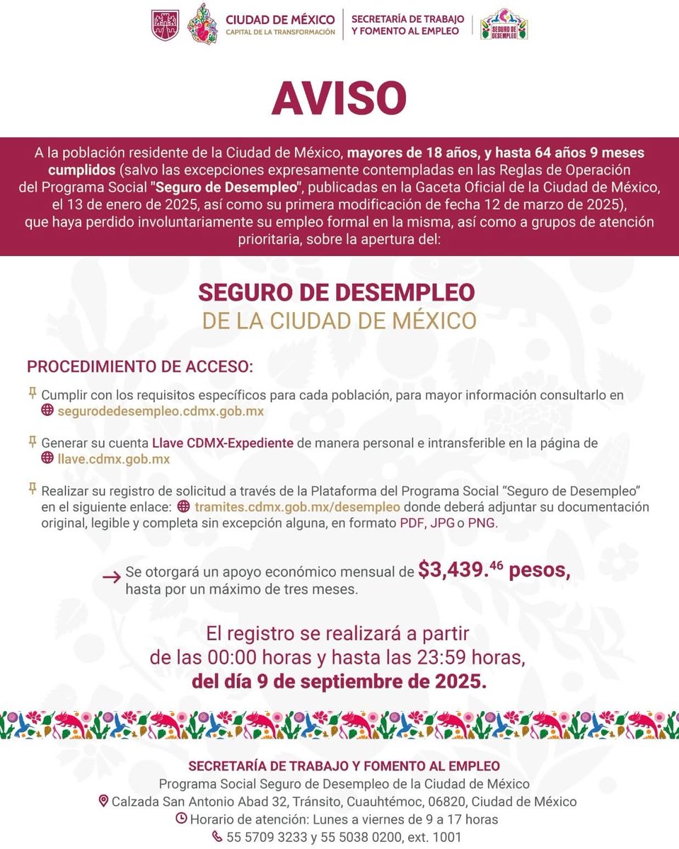 👩‍💻👨‍💻 ¡Atención!
Mañana martes 9 de septiembre arranca el registro al programa #SeguroDeDesempleoCDMX.

1️⃣ Infórmate: tinyurl.com/29mjjz97
2️⃣ Requisitos: tinyurl.com/28op7dqw
3️⃣ Paso a paso: tinyurl.com/2anr8afa

Recuerda: el registro estará abierto solo el día de mañana.
