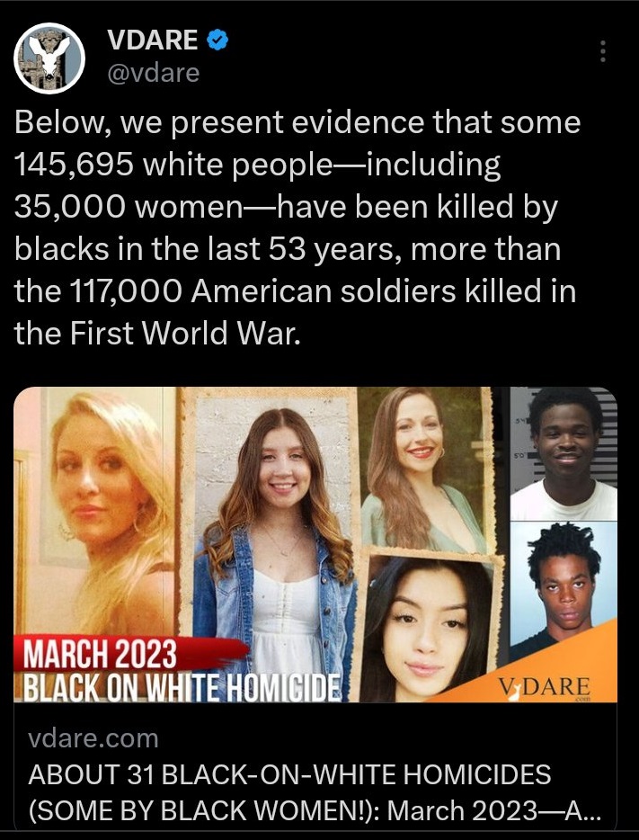 Monthly reminder that black people have killed and raped more White people in Chicago and more Latinos in LA than were ever Lynched in the entirety of the South between 1880 and 1970.